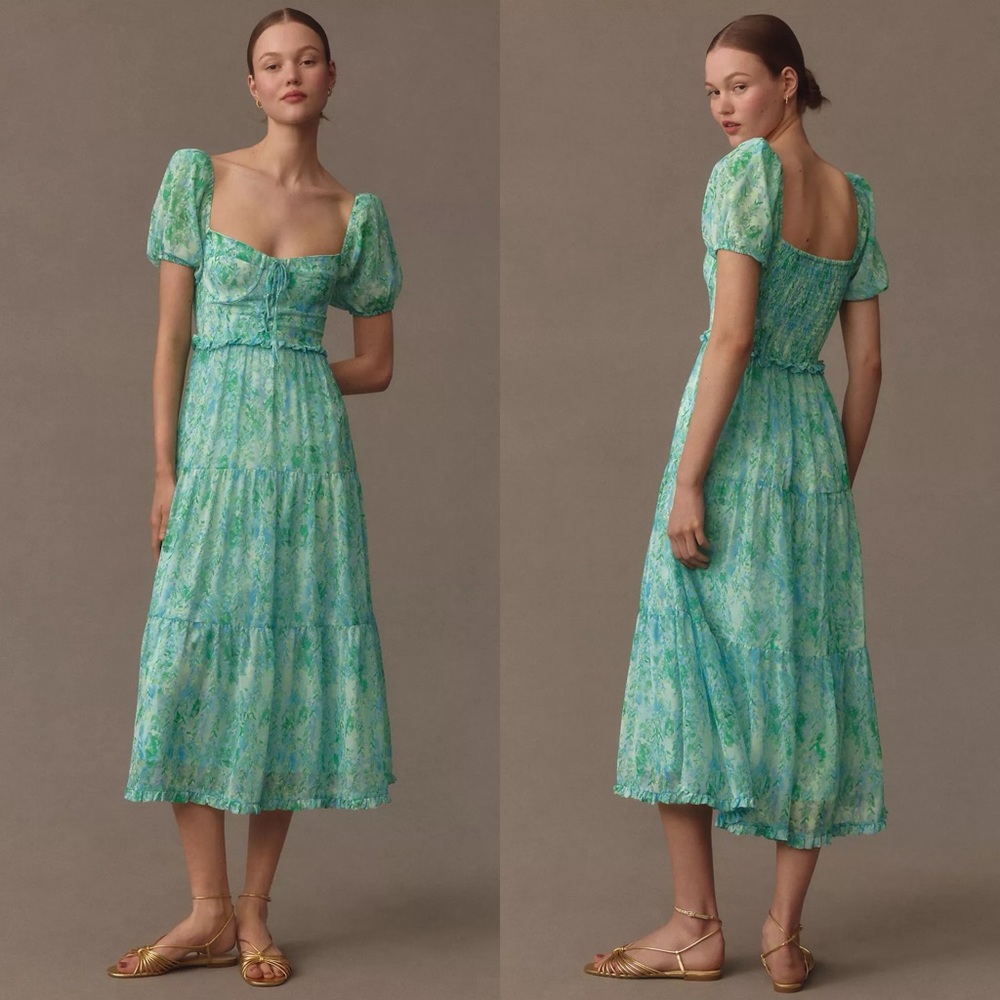 New Anthropologie ASTR Lunaria Bustier Puff-Sleeve Sweetheart Tiered Midi Dress